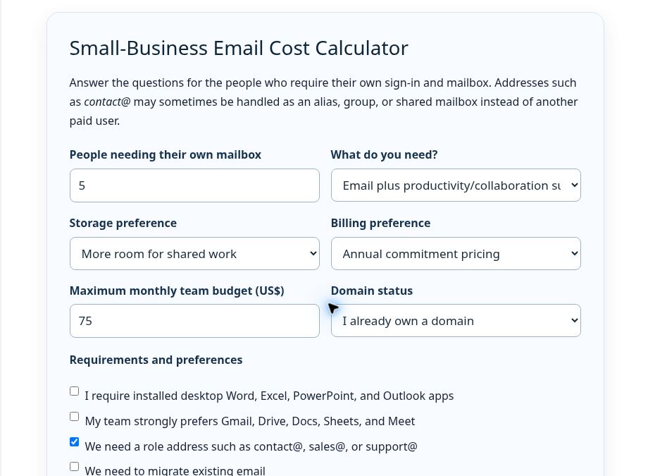 Small-business email cost calculator comparing team needs and prices